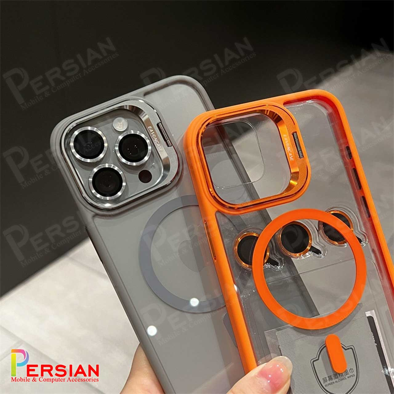 قاب آیفون 14 پرو شفاف استند شو ایسون کیس با مگ سیف و محافظ لنز رینگی Eason Case IPhone 14 Pro