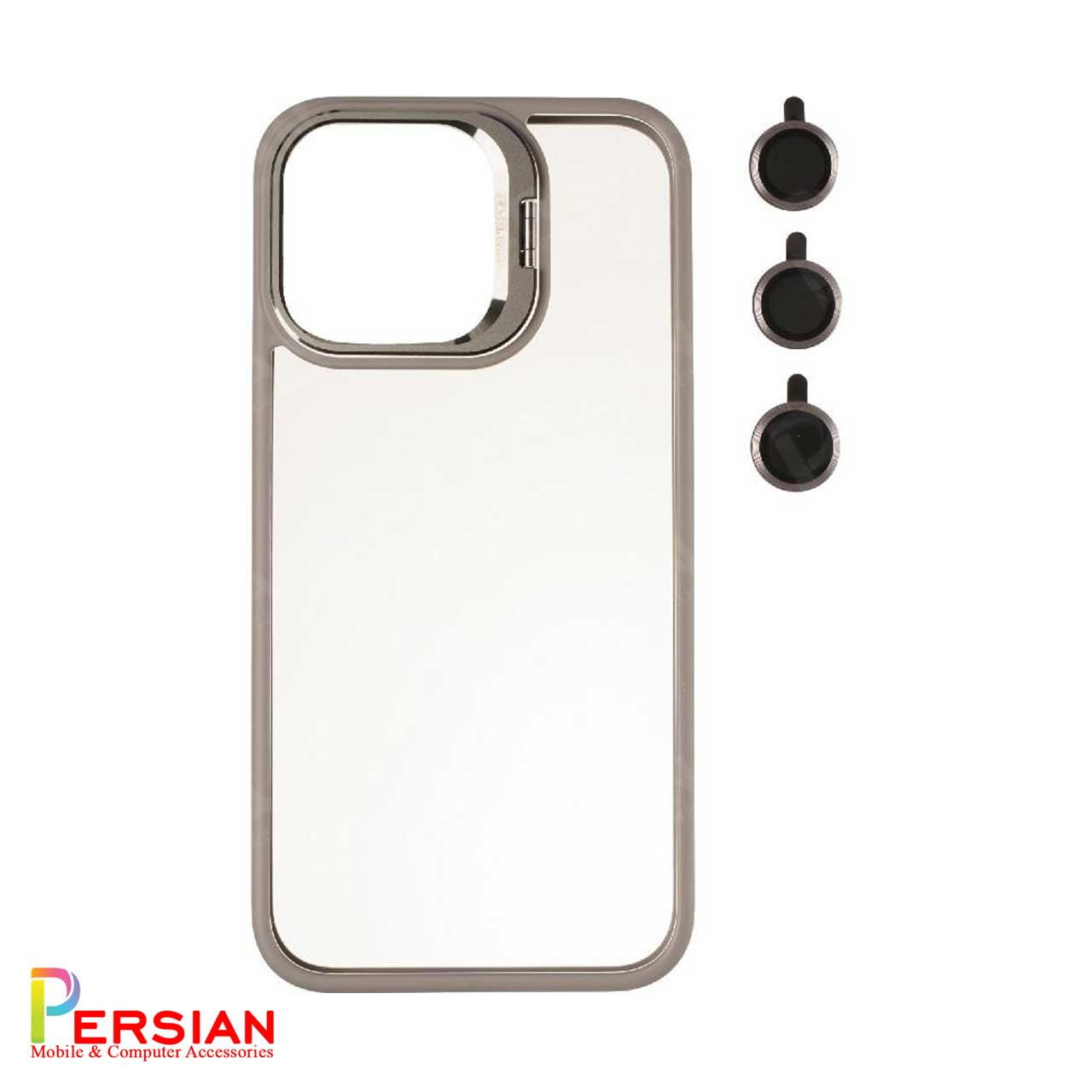 قاب آیفون 15 پرومکس برند ایسون کیس شفاف استند شو با محافظ لنز رینگی Eason Case IPhone 15 Pro Max
