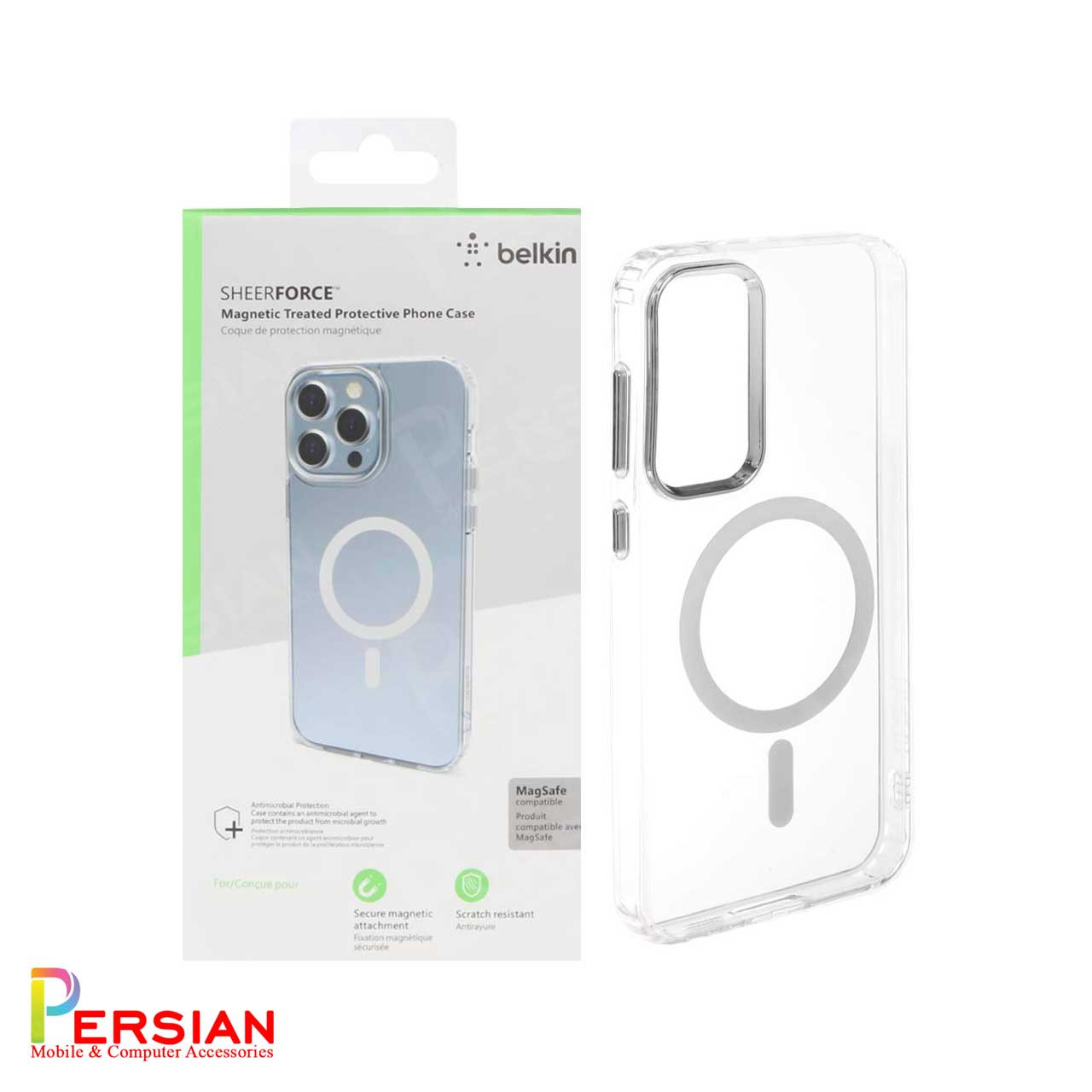 قاب شفاف گوشی سامسونگ S23 FE برند بلکین با مگ سیف و دکمه و رینگ متال Belkin For Samsung S23 FE