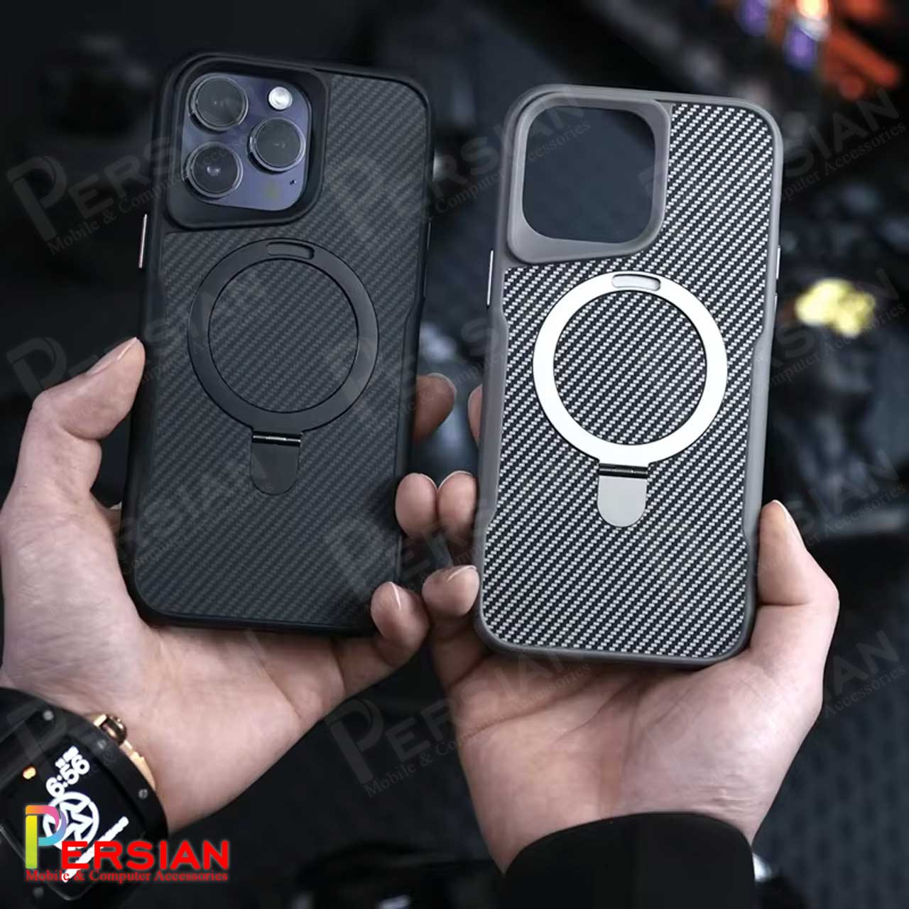 قاب گوشی آیفون 16 پرومکس طرح فیبر کربن مگ سیف استند شو برند مجیک ماسک Fiber Carbon Magic Mask Case iPhone 16 Pro Max